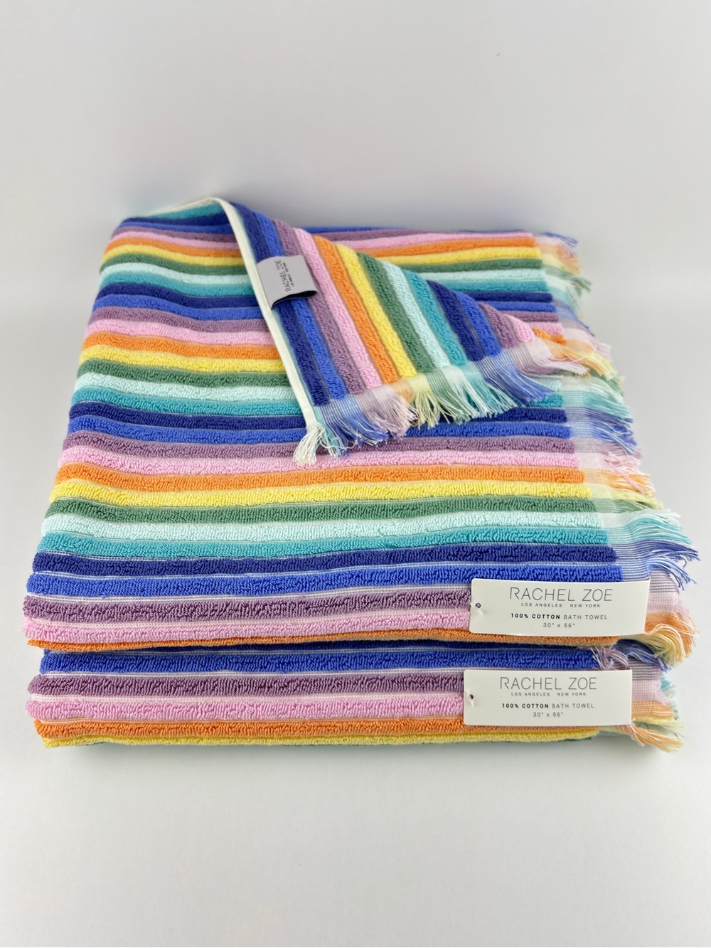 NWT Rachel Zoe Rainbow Striped Cotton Bath Towels Set of 2 Fringe Tassel Boho